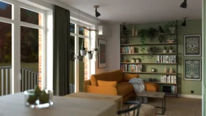 Salon z musztardową sofą, zieloną ścianą z regałem na książki i widokiem na balkon w realizacji Bakaliowa w Warszawie