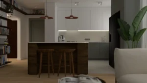 Kuchnia z jadalnią z wyspą z hokerami, ciemnozieloną zabudową i miedzianymi lampami w realizacji Mandarynki w Warszawie