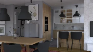 Salon z kuchnią i jadalnią z drewnianym stołem i czarnymi lampami przemysłowymi — realizacja Sarmacka, Warszawa