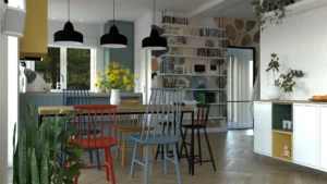 Jadalnia z drewnianym stołem, kolorowymi krzesłami i otwartymi półkami przy niebieskiej kuchni — realizacja Zaborowska, Warszawa