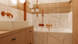 Łazienka z wanną, jasnym drewnem i miedzianymi bateriami w realizacji Szekspira w Warszawie