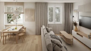 Salon z jadalnią z dużymi oknami, jasnym drewnem i miękkimi zasłonami w realizacji Wiktorska w Warszawie