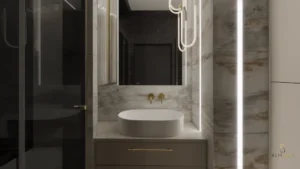 Łazienka z umywalką nablatową, marmurem i złotą armaturą — realizacja Fort Wola, Warszawa (Wola)