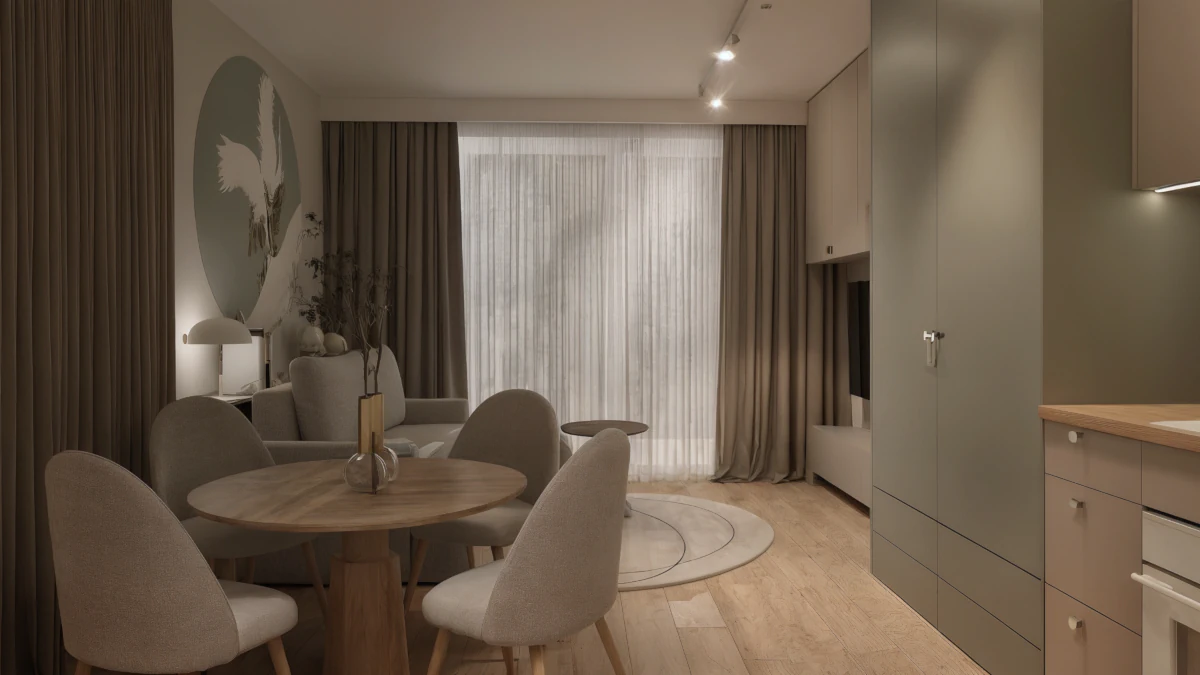 Otwarta przestrzeń salonu z aneksem — meble na wymiar w mieszkaniu 42 m²