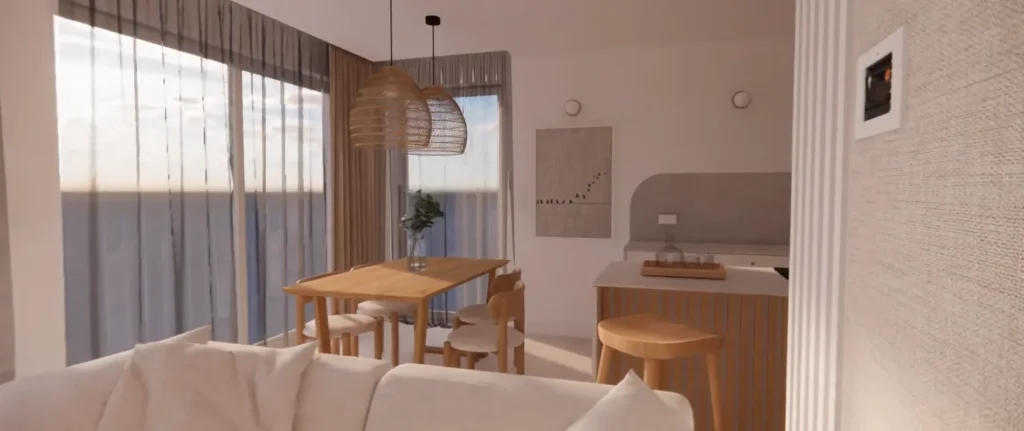 Widok salonu w technologii VR — wykończenie domu 120 m² dla rodziny 2+2, projektowanie wnętrz VR Remtime Warszawa
